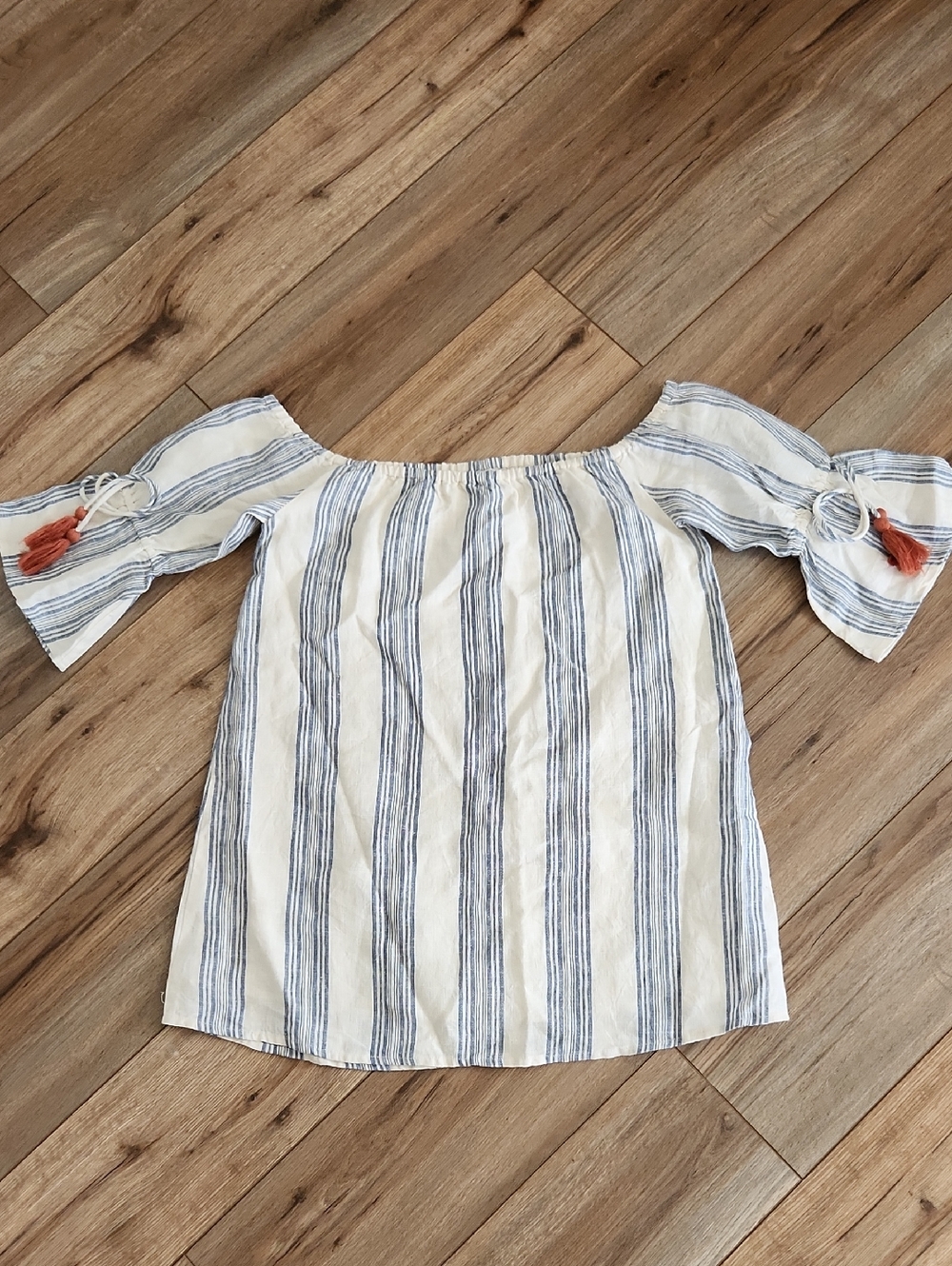 Tularosa Linen Off Shoulder Lined Mini Dress Bell Sleeves w/Tassels Size Small